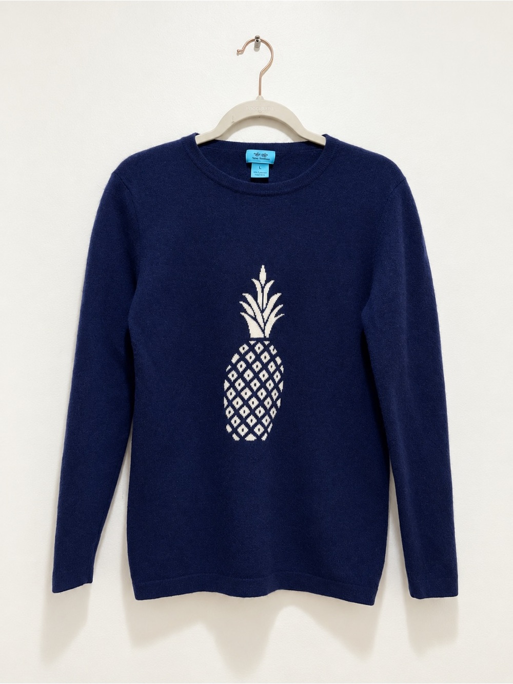 Two Bees Cashmere 100% Cashmere Pineapple Sweater Navy Blue Ivory L